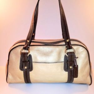 Buttery Yellow Metallic Leather Satchel with Brown Leather Straps